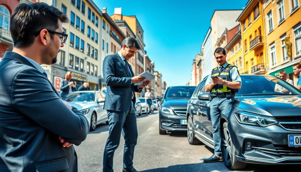 A busy urban street in Germany immediately after a minor car accident. In the foreground, a concerned driver in professional business attire stands next to a slightly damaged vehicle, exchanging information with another driver in modest casual clothing. Nearby, a friendly police officer assesses the scene, taking notes and offering assistance. In the middle ground, onlookers observe with a mix of concern and interest, creating a lively atmosphere. The background features vibrant city buildings, typical German architecture, and clear blue skies, with natural sunlight casting soft shadows on the ground. The composition highlights the tension of the moment, yet maintains a sense of order and professionalism in response to the incident. The overall mood is a mix of urgency and calm reassurance. A busy urban street in Germany immediately after a minor car accident. In the foreground, a concerned driver in professional business attire stands next to a slightly damaged vehicle, exchanging information with another driver in modest casual clothing. Nearby, a friendly police officer assesses the scene, taking notes and offering assistance. In the middle ground, onlookers observe with a mix of concern and interest, creating a lively atmosphere. The background features vibrant city buildings, typical German architecture, and clear blue skies, with natural sunlight casting soft shadows on the ground. The composition highlights the tension of the moment, yet maintains a sense of order and professionalism in response to the incident. The overall mood is a mix of urgency and calm reassurance.