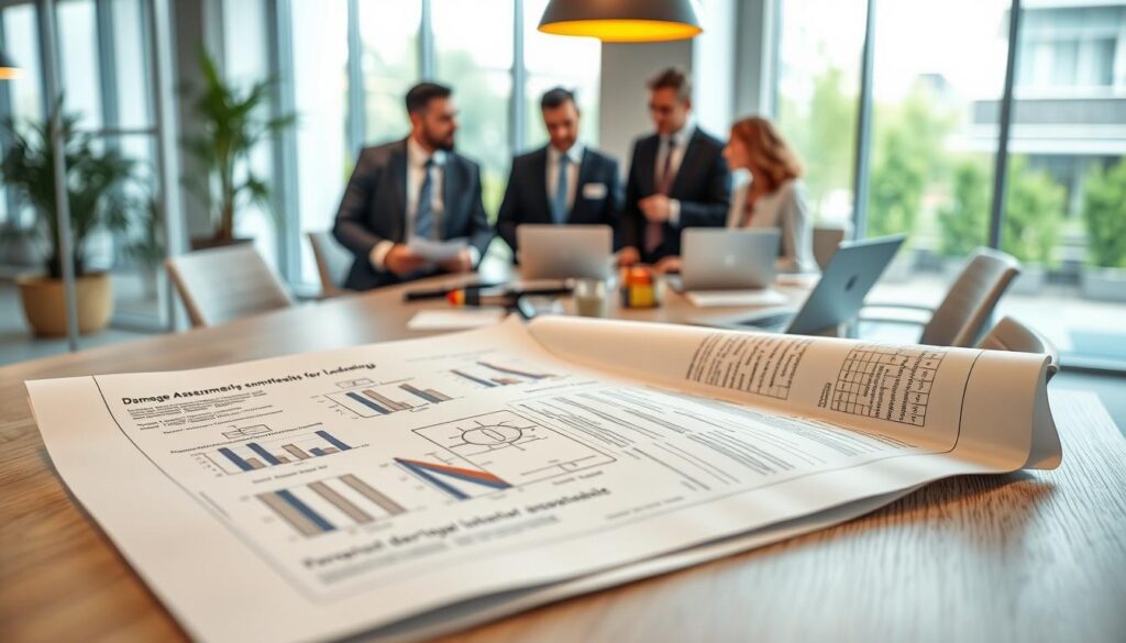 A detailed and professional illustration showcasing the technical foundations of assessing damage in liability cases. In the foreground, a close-up of a technical document laying open, with diagrams and charts illustrating damage assessment processes. In the middle ground, a group of three professionals—two men and one woman—dressed in smart business attire, engaged in a discussion around a conference table cluttered with laptops, legal pads and measuring instruments. The background features a bright, modern office environment with large windows letting in natural light, creating a positive and collaborative atmosphere. Use a shallow depth of field to keep the focus on the professionals and their discussion while softly blurring the office background, ensuring a clear and sharp depiction of the technical details on the document. A detailed and professional illustration showcasing the technical foundations of assessing damage in liability cases. In the foreground, a close-up of a technical document laying open, with diagrams and charts illustrating damage assessment processes. In the middle ground, a group of three professionals—two men and one woman—dressed in smart business attire, engaged in a discussion around a conference table cluttered with laptops, legal pads and measuring instruments. The background features a bright, modern office environment with large windows letting in natural light, creating a positive and collaborative atmosphere. Use a shallow depth of field to keep the focus on the professionals and their discussion while softly blurring the office background, ensuring a clear and sharp depiction of the technical details on the document.