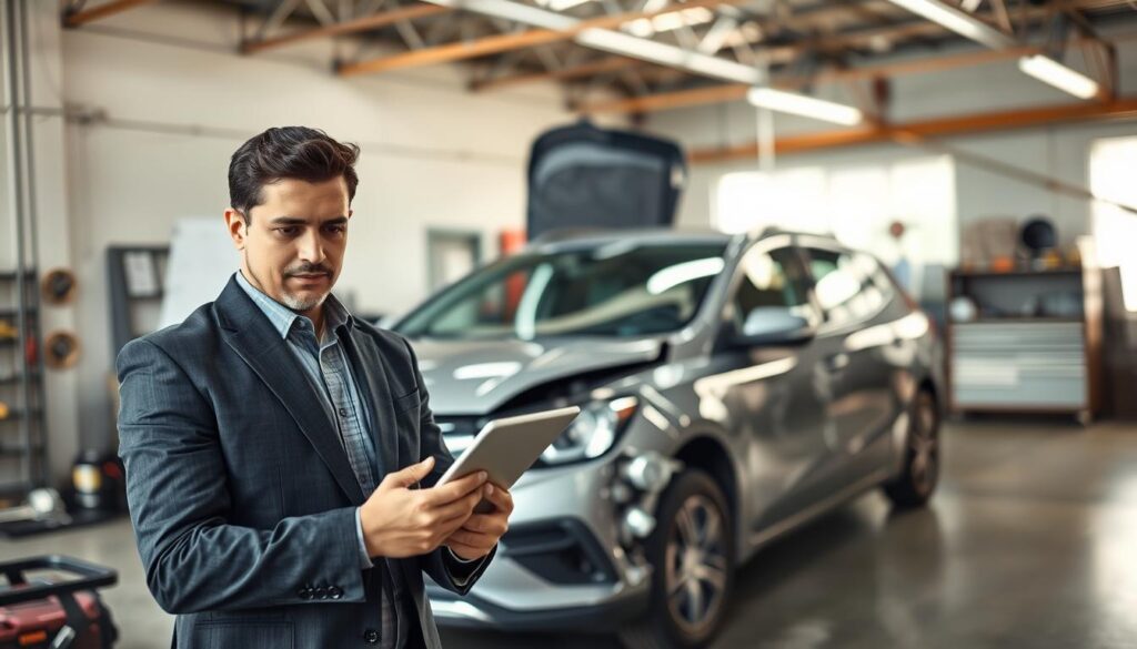 A detailed and professional image of a car valuation scenario. In the foreground, a confident, professional individual in business attire is examining a slightly damaged vehicle using a tablet, with a focused expression. The middle ground features the vehicle, showing clear signs of wear, such as dents and scratches, representing its overall condition. In the background, a serene automotive workshop environment, with tools and equipment neatly arranged, emphasizing an organized and professional atmosphere. Soft, natural lighting illuminates the scene, casting gentle shadows and creating a calm mood. The perspective is slightly angled, allowing viewers to appreciate both the subject and the vehicle's details, highlighting the importance of accurate vehicle valuation. A detailed and professional image of a car valuation scenario. In the foreground, a confident, professional individual in business attire is examining a slightly damaged vehicle using a tablet, with a focused expression. The middle ground features the vehicle, showing clear signs of wear, such as dents and scratches, representing its overall condition. In the background, a serene automotive workshop environment, with tools and equipment neatly arranged, emphasizing an organized and professional atmosphere. Soft, natural lighting illuminates the scene, casting gentle shadows and creating a calm mood. The perspective is slightly angled, allowing viewers to appreciate both the subject and the vehicle's details, highlighting the importance of accurate vehicle valuation.