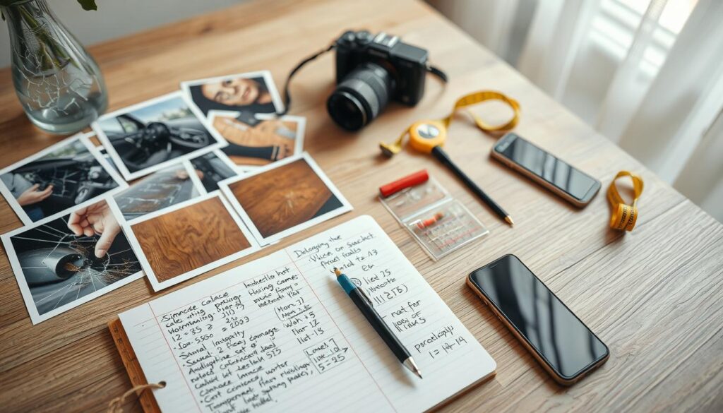 A detailed flat lay of a well-organized damage documentation scene, prominently featuring clear images of various damaged items such as a cracked vase, a scratched wooden table, and a dented car door. In the foreground, there are professional-quality photographs laid out neatly next to a notepad filled with handwritten notes documenting each damage's details. The middle ground includes tools for documentation like a camera, a measuring tape, and a smartphone, all reflecting a sense of meticulousness. The background shows a soft-focus workspace with ambient daylight streaming through a window, creating a calm and focused atmosphere. Aim for a professional, clean, and organized aesthetic that emphasizes the importance of thorough documentation in damage assessment. A detailed flat lay of a well-organized damage documentation scene, prominently featuring clear images of various damaged items such as a cracked vase, a scratched wooden table, and a dented car door. In the foreground, there are professional-quality photographs laid out neatly next to a notepad filled with handwritten notes documenting each damage's details. The middle ground includes tools for documentation like a camera, a measuring tape, and a smartphone, all reflecting a sense of meticulousness. The background shows a soft-focus workspace with ambient daylight streaming through a window, creating a calm and focused atmosphere. Aim for a professional, clean, and organized aesthetic that emphasizes the importance of thorough documentation in damage assessment.