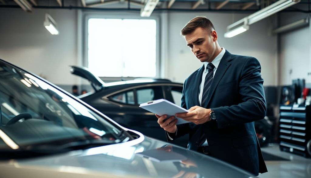 A detailed image showcasing a professional evaluating vehicle damage in a well-lit garage setting. In the foreground, a confident individual dressed in smart business attire is inspecting a car with visible dents and scratches, using a notepad and a measuring tool. The middle ground features various automotive tools and equipment neatly arranged. In the background, one can see a large window allowing natural light to flood the space, highlighting the vehicle's damaged areas. Soft shadows cast by the overhead lights create a serious yet focused atmosphere, emphasizing the importance of assessing vehicle damage accurately. The overall mood conveys professionalism and diligence in a damage evaluation scenario. A detailed image showcasing a professional evaluating vehicle damage in a well-lit garage setting. In the foreground, a confident individual dressed in smart business attire is inspecting a car with visible dents and scratches, using a notepad and a measuring tool. The middle ground features various automotive tools and equipment neatly arranged. In the background, one can see a large window allowing natural light to flood the space, highlighting the vehicle's damaged areas. Soft shadows cast by the overhead lights create a serious yet focused atmosphere, emphasizing the importance of assessing vehicle damage accurately. The overall mood conveys professionalism and diligence in a damage evaluation scenario.