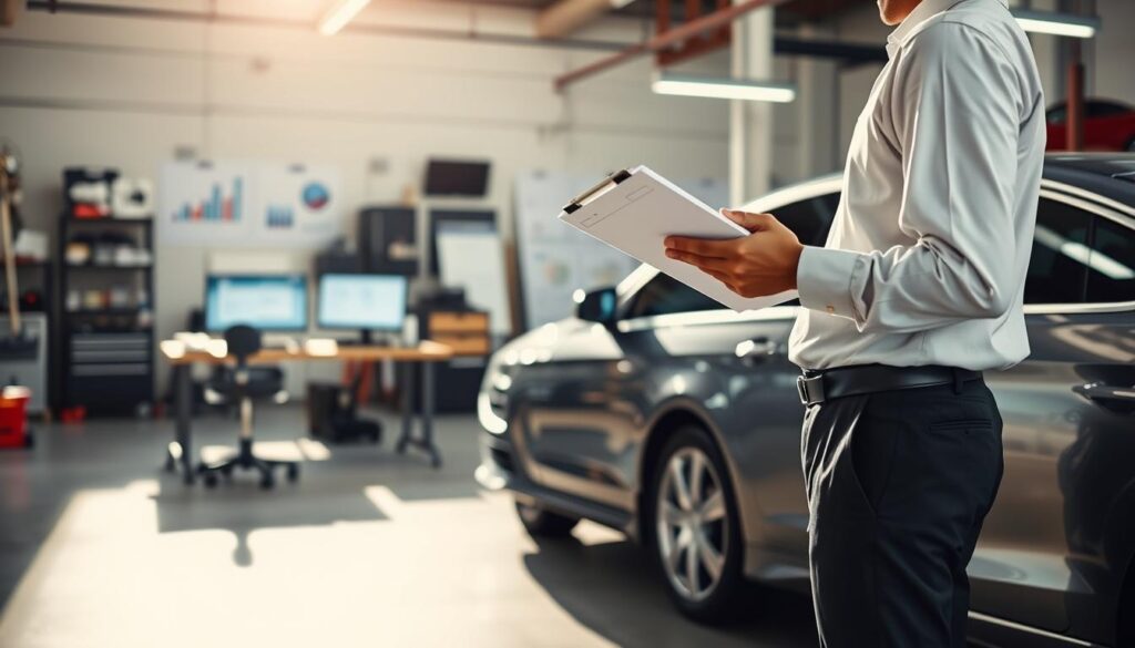 A detailed scene depicting an independent vehicle appraisal process. In the foreground, a professional appraiser examines a car with a clipboard in hand, wearing a crisp white shirt and dark trousers. The car is a sleek sedan, parked under a soft diffused sunlight, highlighting its paint and features. In the middle ground, an office setting is visible, showing a computer and charts that represent vehicle values and repair costs. The background features a well-lit garage with various tools and equipment, symbolizing the repair aspect. The atmosphere conveys professionalism and trustworthiness, with bright, natural lighting creating an inviting environment. The composition should focus on the appraisal process, showcasing the attention to detail and professionalism involved. A detailed scene depicting an independent vehicle appraisal process. In the foreground, a professional appraiser examines a car with a clipboard in hand, wearing a crisp white shirt and dark trousers. The car is a sleek sedan, parked under a soft diffused sunlight, highlighting its paint and features. In the middle ground, an office setting is visible, showing a computer and charts that represent vehicle values and repair costs. The background features a well-lit garage with various tools and equipment, symbolizing the repair aspect. The atmosphere conveys professionalism and trustworthiness, with bright, natural lighting creating an inviting environment. The composition should focus on the appraisal process, showcasing the attention to detail and professionalism involved.
