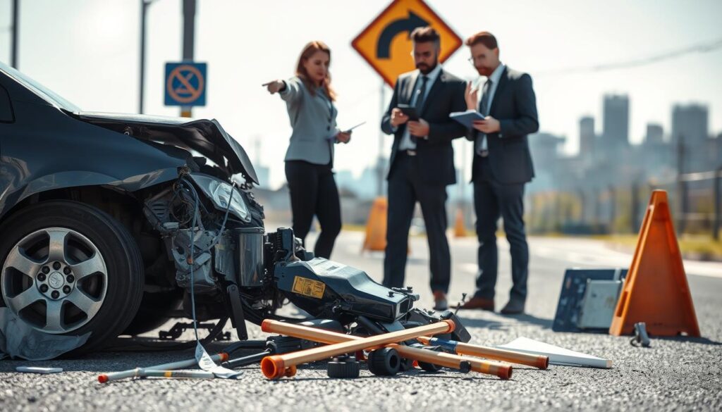A detailed technical analysis of a car accident scene, showcasing a team of professionals in business attire examining the damages. In the foreground, a damaged car with visible scratches and deployed airbags lies on the pavement, surrounded by tools such as measuring sticks and clipboards. In the middle ground, two engineers are discussing the findings, one pointing at the vehicle while the other takes notes, both focused and engaged. The background features a traffic sign and a blurred outline of a cityscape, indicating the location. The lighting is bright, emulating a sunny day that enhances the clarity of details, with a slight lens flare creating an analytical atmosphere. Overall, the mood is serious and methodical, capturing the essence of technical analysis.