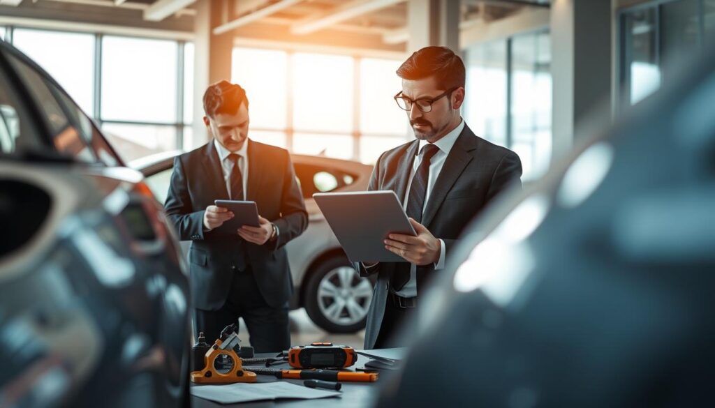 A detailed visual scene illustrating the process of damage assessment according to German principles. In the foreground, depict a professional business environment with an insurance adjuster in formal attire, examining a damaged vehicle. The adjuster is using a laptop and taking notes on a clipboard, showcasing a focused and serious demeanor. Surrounding them in the middle ground are tools and items related to damage evaluation, like a measuring device and documentation papers. In the background, a bright, modern office setting with large windows allowing natural light to pour in, creating an atmosphere of professionalism and diligence. The composition should convey a sense of methodical analysis and expertise, with soft focus on surrounding elements to highlight the adjuster's actions. A detailed visual scene illustrating the process of damage assessment according to German principles. In the foreground, depict a professional business environment with an insurance adjuster in formal attire, examining a damaged vehicle. The adjuster is using a laptop and taking notes on a clipboard, showcasing a focused and serious demeanor. Surrounding them in the middle ground are tools and items related to damage evaluation, like a measuring device and documentation papers. In the background, a bright, modern office setting with large windows allowing natural light to pour in, creating an atmosphere of professionalism and diligence. The composition should convey a sense of methodical analysis and expertise, with soft focus on surrounding elements to highlight the adjuster's actions.
