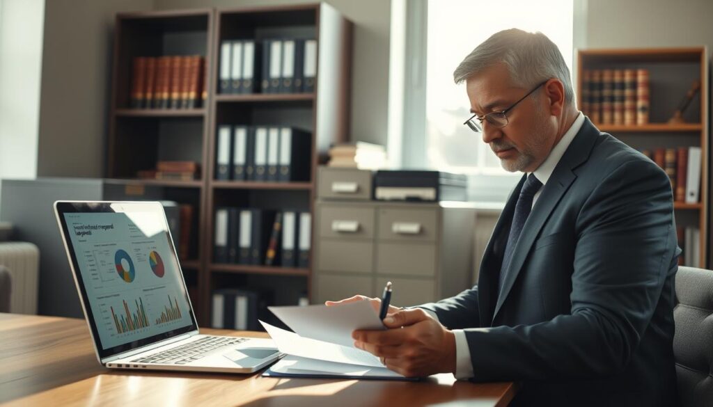 A legal professional in a modern office setting, carefully reviewing documents related to an insurance appeal. The foreground features a focused middle-aged person in professional attire, holding a pen and a notepad, with a laptop open showing graphs and charts related to technical opinions. In the middle ground, a filing cabinet and a bookshelf filled with legal books create a sense of depth and professionalism. In the background, a window with natural light filtering through, giving a warm and optimistic atmosphere. Soft shadows enhance the details of the scene, while the overall mood is serious and determined, emphasizing the importance of using expert opinions in legal matters.