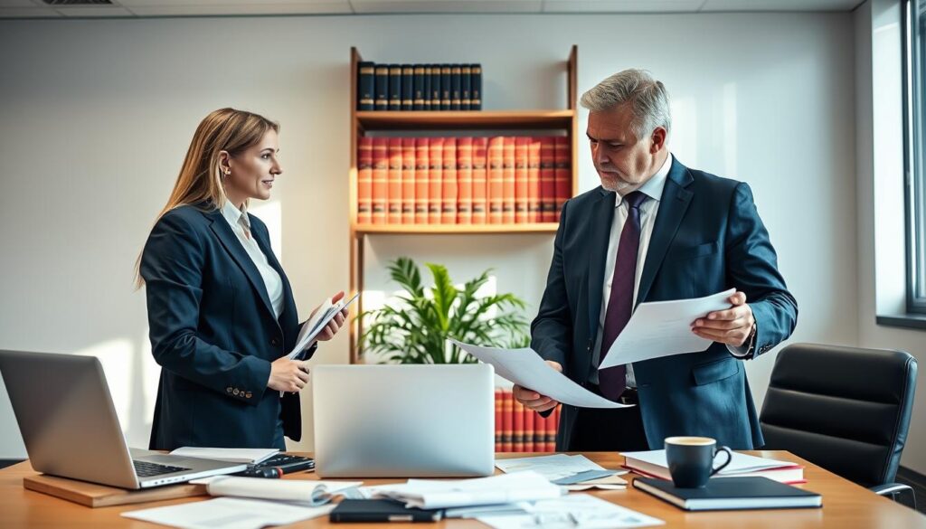 A professional attorney in a modern office setting in Germany, attentively discussing a case with a client. The attorney, a middle-aged man in a sharp navy suit and tie, exudes confidence and expertise. The client, a woman in a smart casual outfit, listens intently while holding important documents. In the foreground, a desk is cluttered with legal papers, a laptop, and a cup of coffee. In the middle, a bookshelf filled with law books and a decorative plant adds a touch of warmth. The background features a large window with soft natural light streaming in, creating a welcoming atmosphere. The image conveys an aura of professionalism and focus, showcasing collaboration in legal matters. A professional attorney in a modern office setting in Germany, attentively discussing a case with a client. The attorney, a middle-aged man in a sharp navy suit and tie, exudes confidence and expertise. The client, a woman in a smart casual outfit, listens intently while holding important documents. In the foreground, a desk is cluttered with legal papers, a laptop, and a cup of coffee. In the middle, a bookshelf filled with law books and a decorative plant adds a touch of warmth. The background features a large window with soft natural light streaming in, creating a welcoming atmosphere. The image conveys an aura of professionalism and focus, showcasing collaboration in legal matters.