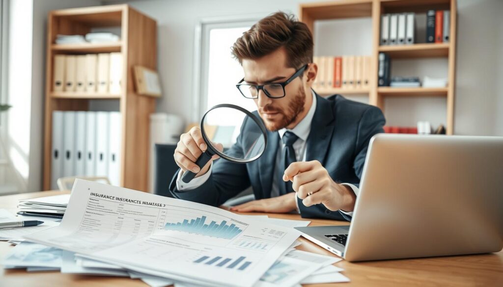 A professional individual, dressed in business attire, sits at a modern desk cluttered with documents and a laptop. The foreground focuses on a detailed cost estimate from an insurance company, with graphs and numbers clearly visible. The middle ground features the person, thoughtfully reviewing the documents while using a magnifying glass, emphasizing the importance of verifying the information. In the background, a well-organized office space includes shelves filled with books on finance and insurance. Soft, natural lighting streams through a window, creating an inviting atmosphere. The image should convey diligence and professionalism, as the individual engages in careful scrutiny of the provided estimate, highlighting the theme of accuracy and assessment in insurance claims. A professional individual, dressed in business attire, sits at a modern desk cluttered with documents and a laptop. The foreground focuses on a detailed cost estimate from an insurance company, with graphs and numbers clearly visible. The middle ground features the person, thoughtfully reviewing the documents while using a magnifying glass, emphasizing the importance of verifying the information. In the background, a well-organized office space includes shelves filled with books on finance and insurance. Soft, natural lighting streams through a window, creating an inviting atmosphere. The image should convey diligence and professionalism, as the individual engages in careful scrutiny of the provided estimate, highlighting the theme of accuracy and assessment in insurance claims.