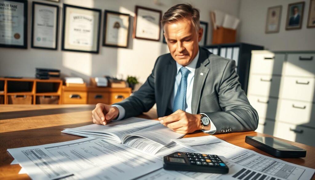 A professional insurance adjuster reviewing a detailed cost estimate on a wooden desk filled with paperwork. In the foreground, an open notebook with handwritten notes and a calculator. The middle ground features the adjuster, a middle-aged Caucasian man in a business suit, focused and thoughtful as he studies the documents. Natural light streams in from a nearby window, casting soft shadows that create a warm and serious atmosphere. In the background, a wall with framed certificates and an organized filing cabinet, hinting at the professionalism of the environment. The overall mood is one of diligence and expertise, reflecting the meticulous nature of insurance assessments and expert opinions. A professional insurance adjuster reviewing a detailed cost estimate on a wooden desk filled with paperwork. In the foreground, an open notebook with handwritten notes and a calculator. The middle ground features the adjuster, a middle-aged Caucasian man in a business suit, focused and thoughtful as he studies the documents. Natural light streams in from a nearby window, casting soft shadows that create a warm and serious atmosphere. In the background, a wall with framed certificates and an organized filing cabinet, hinting at the professionalism of the environment. The overall mood is one of diligence and expertise, reflecting the meticulous nature of insurance assessments and expert opinions.