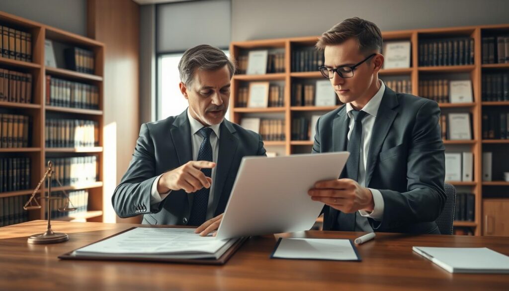 A professional lawyer and an expert appraiser engaged in a discussion in a formal office setting, showcasing a legal document on a large desk. The lawyer, dressed in a well-tailored suit, gestures towards the document, while the appraiser, in smart casual attire, examines it with interest. In the background, shelves filled with legal books and certificates create an academic atmosphere. Soft, natural lighting filters through a window, casting a warm glow on the scene. A subtle focus on the details of the documents emphasizes their importance. The overall mood is serious yet collaborative, reflecting the theme of legal costs and liability coverage. The composition is framed to highlight the interaction between the two professionals, ensuring a clear visual narrative. A professional lawyer and an expert appraiser engaged in a discussion in a formal office setting, showcasing a legal document on a large desk. The lawyer, dressed in a well-tailored suit, gestures towards the document, while the appraiser, in smart casual attire, examines it with interest. In the background, shelves filled with legal books and certificates create an academic atmosphere. Soft, natural lighting filters through a window, casting a warm glow on the scene. A subtle focus on the details of the documents emphasizes their importance. The overall mood is serious yet collaborative, reflecting the theme of legal costs and liability coverage. The composition is framed to highlight the interaction between the two professionals, ensuring a clear visual narrative.