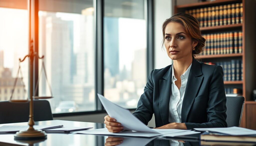 A professional lawyer in a modern office setting, discussing a personal injury case related to a car accident. In the foreground, a focused female lawyer in a tailored suit, sitting at a sleek desk with legal documents scattered around. The middle ground features a large window showing a blurred cityscape, allowing natural light to illuminate the room, creating a serious yet optimistic atmosphere. In the background, a bookshelf filled with law books and a scale of justice, symbolizing fairness and legal expertise. The scene is framed with a soft depth of field to highlight the lawyer, capturing the essence of professionalism and determination in the quest for just compensation. A professional lawyer in a modern office setting, discussing a personal injury case related to a car accident. In the foreground, a focused female lawyer in a tailored suit, sitting at a sleek desk with legal documents scattered around. The middle ground features a large window showing a blurred cityscape, allowing natural light to illuminate the room, creating a serious yet optimistic atmosphere. In the background, a bookshelf filled with law books and a scale of justice, symbolizing fairness and legal expertise. The scene is framed with a soft depth of field to highlight the lawyer, capturing the essence of professionalism and determination in the quest for just compensation.