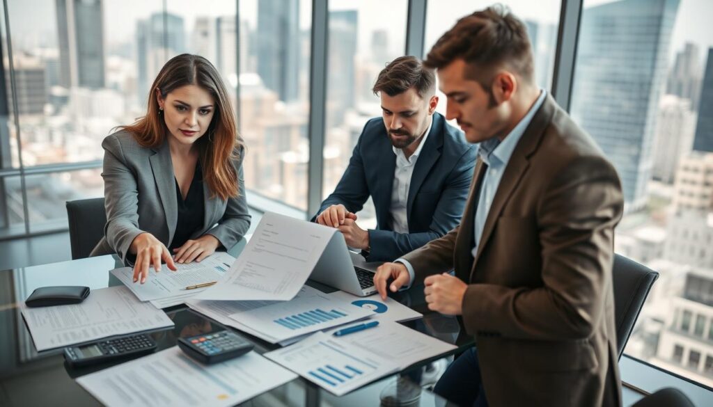 A professional office setting, depicting a diverse group of individuals in business attire engaged in a collaborative discussion about repair costs and benefits. In the foreground, a focused woman pointing at documents on a table filled with contracts, calculators, and financial reports, emphasizing teamwork and analysis. In the middle, two men are seated, taking notes while looking at a laptop displaying graphs and charts related to costs. In the background, a large glass window reveals a modern cityscape, creating a lively ambiance with soft natural light streaming in. The mood is serious yet collaborative, reflecting the importance of navigating financial aspects effectively and professionally. Use a slight depth of field to keep the focus on the people and documents, enhancing the professionalism of the scene.