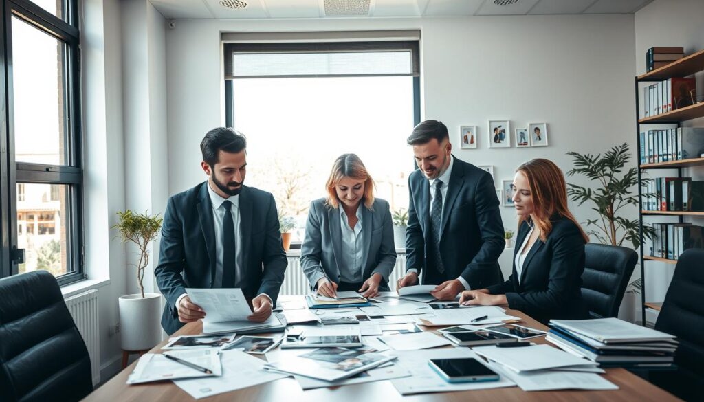 A professional office setting illustrating assistance with damage claims after an accident in Germany. In the foreground, a diverse group of three individuals in business attire is collaborating around a desk scattered with documents, photographs, and forms, showcasing a sense of teamwork and urgency. The middle layer features a large window allowing natural light to flood the room, casting soft shadows and highlighting the papers and devices on the desk. In the background, shelves filled with industry books and a potted plant add warmth to the scene. The mood is focused and diligent, capturing the spirit of providing help and support in a challenging situation. The image is well-lit with balanced lighting, emphasizing clarity and professionalism. A professional office setting illustrating assistance with damage claims after an accident in Germany. In the foreground, a diverse group of three individuals in business attire is collaborating around a desk scattered with documents, photographs, and forms, showcasing a sense of teamwork and urgency. The middle layer features a large window allowing natural light to flood the room, casting soft shadows and highlighting the papers and devices on the desk. In the background, shelves filled with industry books and a potted plant add warmth to the scene. The mood is focused and diligent, capturing the spirit of providing help and support in a challenging situation. The image is well-lit with balanced lighting, emphasizing clarity and professionalism.