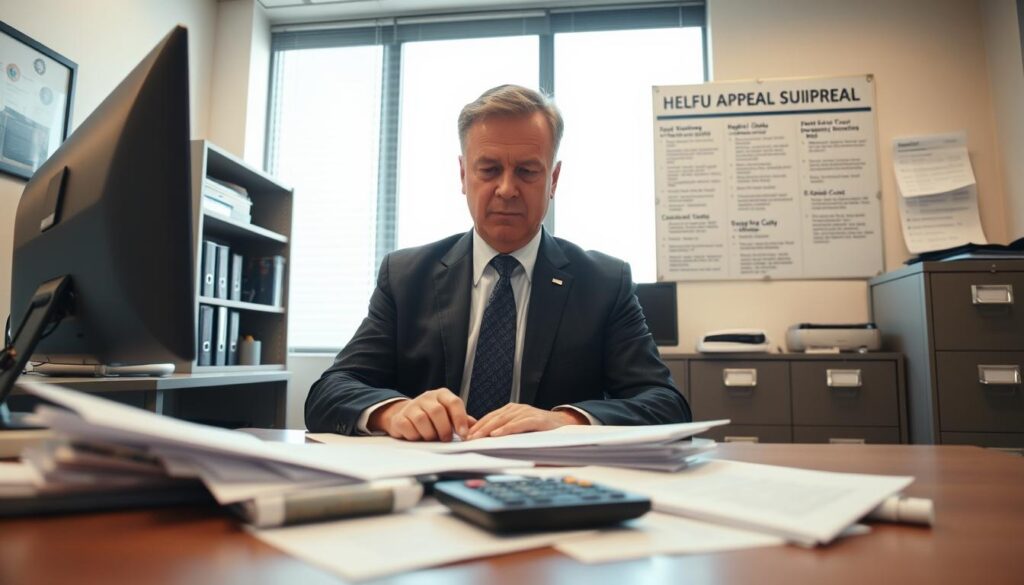 A professional office setting where a person in business attire, a middle-aged Caucasian man, is reviewing insurance documents at a desk, surrounded by filing cabinets and a computer. In the foreground, there are scattered papers and a calculator, indicating analysis of insurance claims. The middle ground features a large window letting in soft, natural light, illuminating the space and providing a sense of clarity. In the background, a modern bulletin board displays helpful guidelines for appealing insurance decisions. The overall atmosphere is serious yet focused, reflecting the importance of appeals and understanding insurance. The angle is slightly above the desk level, capturing the man's concentration and determination to navigate the claims process effectively. A professional office setting where a person in business attire, a middle-aged Caucasian man, is reviewing insurance documents at a desk, surrounded by filing cabinets and a computer. In the foreground, there are scattered papers and a calculator, indicating analysis of insurance claims. The middle ground features a large window letting in soft, natural light, illuminating the space and providing a sense of clarity. In the background, a modern bulletin board displays helpful guidelines for appealing insurance decisions. The overall atmosphere is serious yet focused, reflecting the importance of appeals and understanding insurance. The angle is slightly above the desk level, capturing the man's concentration and determination to navigate the claims process effectively.