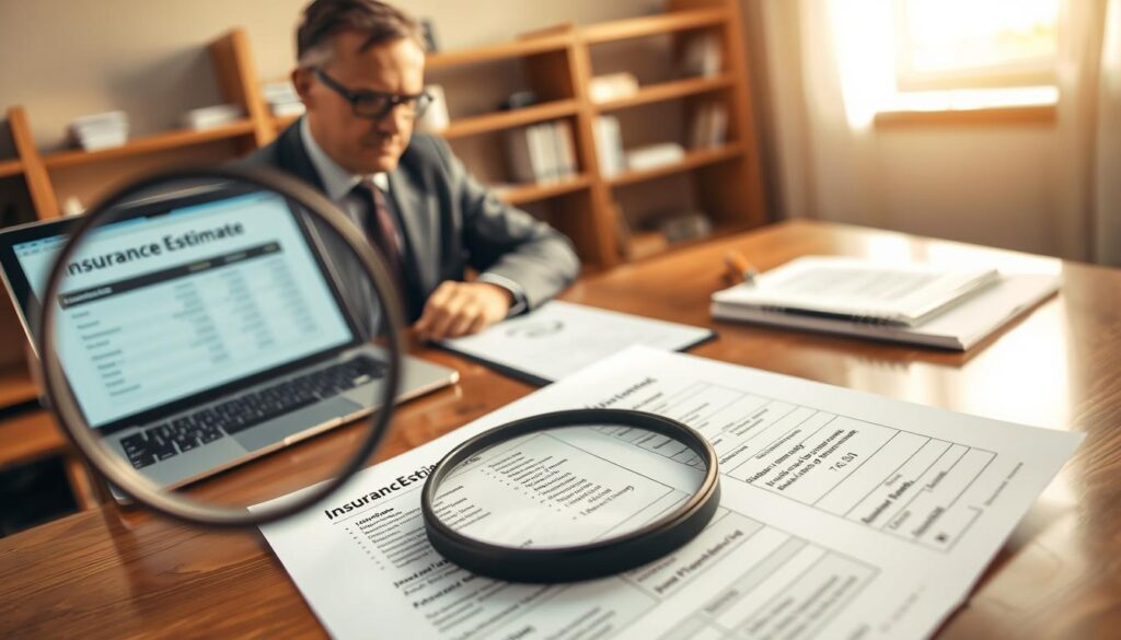 A professional setting depicting an insurance adjuster evaluating damage documentation. In the foreground, focus on a detailed close-up of a structured document labeled 'Insurance Estimate' with clear bullet points and figures, partially covered with a magnifying glass. In the middle, a polished wooden desk holds a laptop displaying a financial report and a notepad with handwritten notes. An expert in business attire, a middle-aged individual with glasses, is seated thoughtfully, analyzing the document, conveying a sense of professionalism and expertise. The background features soft, blurred office elements, including shelves with books and a window letting in natural light, creating a calm and focused atmosphere. The lighting is warm, enhancing the seriousness of the analysis without being harsh. A professional setting depicting an insurance adjuster evaluating damage documentation. In the foreground, focus on a detailed close-up of a structured document labeled 'Insurance Estimate' with clear bullet points and figures, partially covered with a magnifying glass. In the middle, a polished wooden desk holds a laptop displaying a financial report and a notepad with handwritten notes. An expert in business attire, a middle-aged individual with glasses, is seated thoughtfully, analyzing the document, conveying a sense of professionalism and expertise. The background features soft, blurred office elements, including shelves with books and a window letting in natural light, creating a calm and focused atmosphere. The lighting is warm, enhancing the seriousness of the analysis without being harsh.