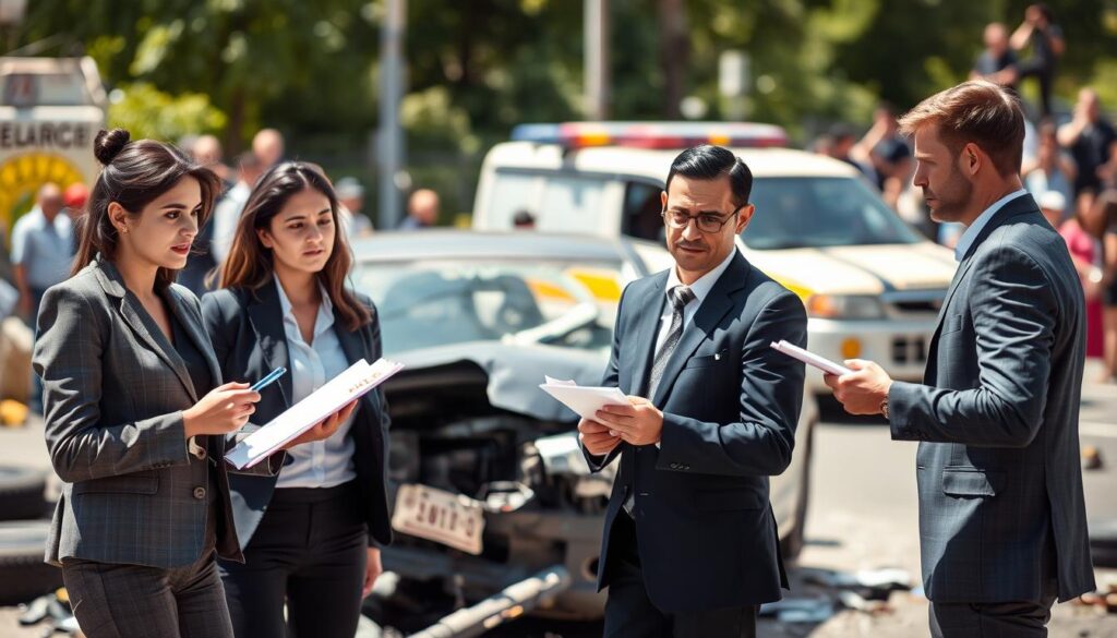 A professional setting immediately following a vehicle accident, capturing the urgency of securing claims. In the foreground, a diverse group of three individuals (one woman, two men) dressed in business attire, discussing and taking notes, with expressions of concern and determination. In the middle ground, a damaged car, with visible scratches and deployed airbags, is surrounded by debris. In the background, an emergency vehicle with flashing lights and a blurred crowd of onlookers adds a sense of chaos. The lighting is natural, reflecting a sunny day, casting soft shadows and illuminating the scene with clarity. The atmosphere is tense yet focused, emphasizing the importance of documentation and action after an incident.