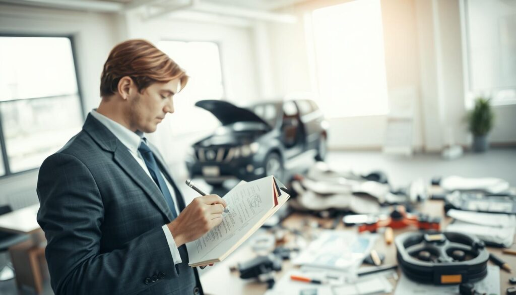 A professional, well-lit office environment showcasing a detailed damage assessment scene. In the foreground, a focused individual in business attire, holding a notepad with meticulous notes on visible damage. The middle ground features a damaged item, possibly a vehicle or machinery, with visible scratches, dents, and components spread out for examination. The background displays a large window letting in soft, natural light, creating an analytical atmosphere. The lens captures the action from a slightly elevated angle, emphasizing the seriousness and professionalism of the task. The mood is concentrated and diligent, reflecting the importance of accurate documentation and thorough inspection before filing a report. A professional, well-lit office environment showcasing a detailed damage assessment scene. In the foreground, a focused individual in business attire, holding a notepad with meticulous notes on visible damage. The middle ground features a damaged item, possibly a vehicle or machinery, with visible scratches, dents, and components spread out for examination. The background displays a large window letting in soft, natural light, creating an analytical atmosphere. The lens captures the action from a slightly elevated angle, emphasizing the seriousness and professionalism of the task. The mood is concentrated and diligent, reflecting the importance of accurate documentation and thorough inspection before filing a report.