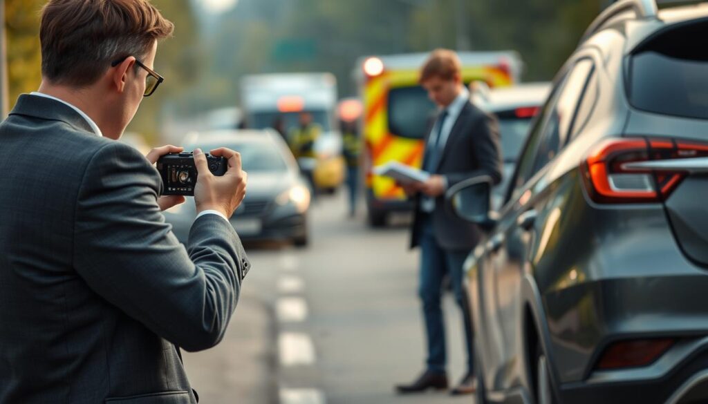 A serene German roadway accident scene, focusing on the process of securing evidence. In the foreground, a professional wearing a business suit is carefully taking photographs of the damaged vehicles, with attention to details such as dented fenders and broken glass. The middle ground features another individual, in smart casual attire, documenting information on a notepad, capturing witness statements. In the background, emergency services are visible, blurred slightly to emphasize the focus on evidence gathering. Soft, natural lighting enhances the mood, suggesting a calm yet serious atmosphere. The angle is slightly elevated, showcasing the meticulous effort of securing vital accident details, with no people engaging in any improper behavior or interactions. A serene German roadway accident scene, focusing on the process of securing evidence. In the foreground, a professional wearing a business suit is carefully taking photographs of the damaged vehicles, with attention to details such as dented fenders and broken glass. The middle ground features another individual, in smart casual attire, documenting information on a notepad, capturing witness statements. In the background, emergency services are visible, blurred slightly to emphasize the focus on evidence gathering. Soft, natural lighting enhances the mood, suggesting a calm yet serious atmosphere. The angle is slightly elevated, showcasing the meticulous effort of securing vital accident details, with no people engaging in any improper behavior or interactions.