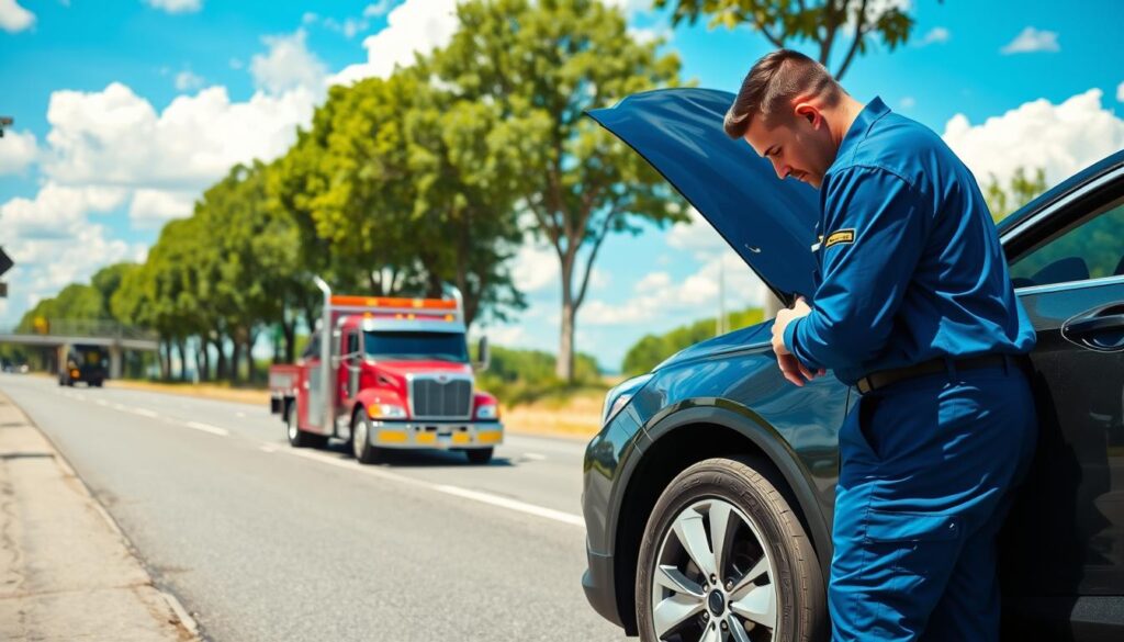 A serene roadside scene depicting a professional roadside assistance service in action. In the foreground, a well-dressed technician in a blue uniform is examining a car with its hood open, showing attention to detail and expertise. In the middle ground, a modern tow truck is parked with its lights flashing, ready to assist. The background features a calm highway with green trees lining the sides, under a bright blue sky with fluffy white clouds. The lighting is natural, evoking a sunny day, emphasizing the mood of safety and support. The overall atmosphere conveys reliability and peace of mind, illustrating the essential services provided by roadside assistance insurance.