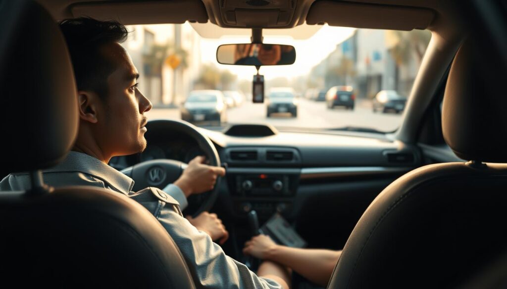 A serene scene depicting a professional-looking individual sitting calmly in a car, preparing to drive again after a car accident. In the foreground, the driver, dressed in modest casual clothing, is visibly composed, gripping the steering wheel with a focused expression. The middle ground shows the interior of the car, showcasing a dashboard with a few comforting personal items, hinting at a return to normalcy. In the background, the street is lightly busy but not chaotic, reflecting an everyday setting. Soft, natural daylight illuminates the scene, creating a warm and reassuring atmosphere. The angle captures the driver from a slight side view, emphasizing both the calm demeanor and the readiness to embrace the road ahead without haste.