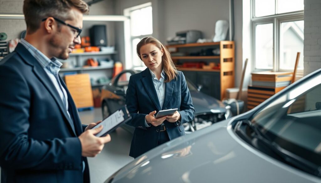 A smartly dressed male and female car appraiser examining a damaged vehicle in a well-lit, modern garage. In the foreground, focus on a clipboard and measuring tools in the hands of the appraisers, showcasing their assessment process. In the middle ground, the car, with visible damage, is prominently displayed, its color contrasted against the neutral backdrop of the garage. In the background, tools and equipment are neatly organized on shelves, emphasizing professionalism and expertise. Soft, natural lighting filters through windows, creating a calm atmosphere that conveys diligence and precision in vehicle evaluation. The angle should be slightly elevated, giving a comprehensive view of the scene while ensuring the appraisers' expressions of concentration are visible. A smartly dressed male and female car appraiser examining a damaged vehicle in a well-lit, modern garage. In the foreground, focus on a clipboard and measuring tools in the hands of the appraisers, showcasing their assessment process. In the middle ground, the car, with visible damage, is prominently displayed, its color contrasted against the neutral backdrop of the garage. In the background, tools and equipment are neatly organized on shelves, emphasizing professionalism and expertise. Soft, natural lighting filters through windows, creating a calm atmosphere that conveys diligence and precision in vehicle evaluation. The angle should be slightly elevated, giving a comprehensive view of the scene while ensuring the appraisers' expressions of concentration are visible.