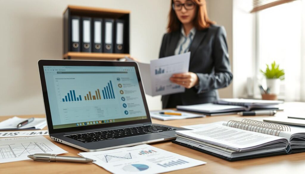 A well-organized office desk scene illustrating the process of preparing data and attachments for a report submission. In the foreground, there's a sleek laptop open with a document on the screen displaying charts and graphs, symbolizing data preparation. Surrounding the laptop are neatly arranged papers, a pen, and a notepad with sketches and notes. In the middle, an individual in professional business attire is carefully reviewing documents, demonstrating focus and diligence. The background features a shelf with binders labeled with relevant categories, hinting at an organized workspace. Soft, natural light filters in from a window, creating an inviting and productive atmosphere. The image conveys a sense of professionalism, efficiency, and meticulousness, perfect for illustrating the concept of preparing data and attachments. A well-organized office desk scene illustrating the process of preparing data and attachments for a report submission. In the foreground, there's a sleek laptop open with a document on the screen displaying charts and graphs, symbolizing data preparation. Surrounding the laptop are neatly arranged papers, a pen, and a notepad with sketches and notes. In the middle, an individual in professional business attire is carefully reviewing documents, demonstrating focus and diligence. The background features a shelf with binders labeled with relevant categories, hinting at an organized workspace. Soft, natural light filters in from a window, creating an inviting and productive atmosphere. The image conveys a sense of professionalism, efficiency, and meticulousness, perfect for illustrating the concept of preparing data and attachments.
