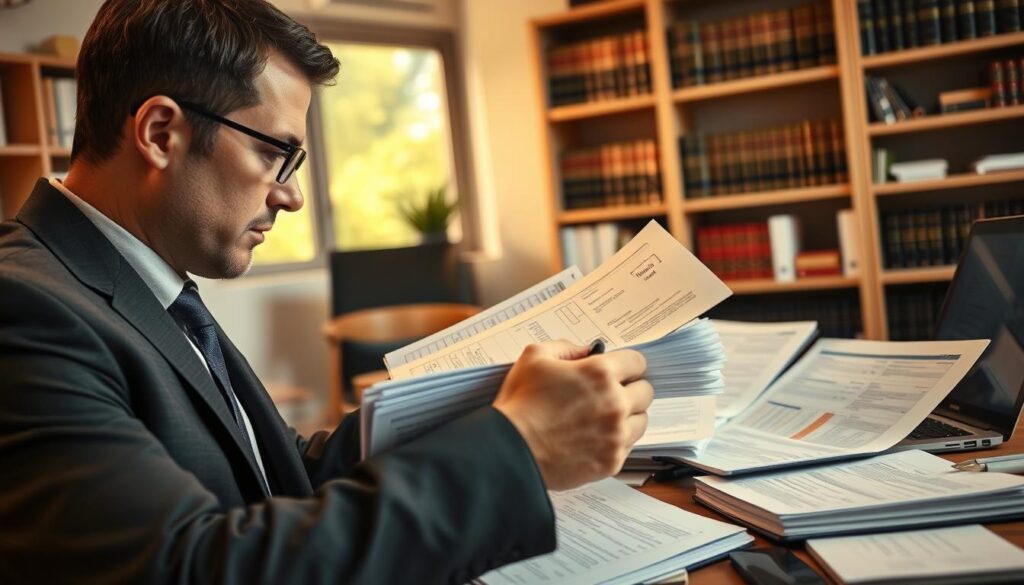 A well-organized office scene focused on a professional reviewing a variety of documents related to an insurance claim. In the foreground, a meticulous individual in smart business attire carefully examines a stack of paperwork, with a look of concentration. The middle ground features a cluttered desk with highlighted notes, a laptop displaying spreadsheets, and an open notebook filled with annotations. In the background, a soft-focus bookshelf filled with legal texts and reference materials adds depth. Warm, natural lighting filters in through a nearby window, creating a calm, focused atmosphere. The angle captures both the individual and the array of documents, emphasizing the importance of thorough and accurate documentation to enhance a claims process. A well-organized office scene focused on a professional reviewing a variety of documents related to an insurance claim. In the foreground, a meticulous individual in smart business attire carefully examines a stack of paperwork, with a look of concentration. The middle ground features a cluttered desk with highlighted notes, a laptop displaying spreadsheets, and an open notebook filled with annotations. In the background, a soft-focus bookshelf filled with legal texts and reference materials adds depth. Warm, natural lighting filters in through a nearby window, creating a calm, focused atmosphere. The angle captures both the individual and the array of documents, emphasizing the importance of thorough and accurate documentation to enhance a claims process.