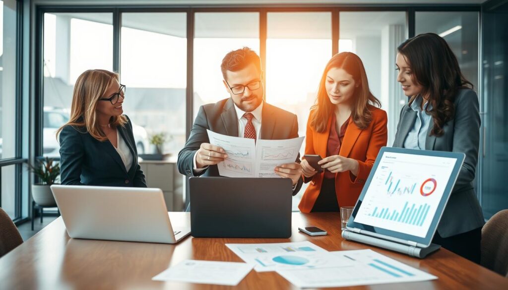 In a professional office environment, a diverse group of three individuals, including a man and two women, is engaged in a collaborative discussion about claims processing from a German insurer. The foreground features a wooden conference table covered with documents and a laptop displaying graphs related to insurance claims. In the middle, the individuals, dressed in smart business attire, are intently analyzing papers and pointing at relevant sections, conveying focus and cooperation. The background shows a modern office space with large windows allowing warm, soft sunlight to illuminate the scene, creating a positive and productive atmosphere. The overall mood is one of professionalism and determination, highlighting the theme of assisting in claim recovery. The image captures the essence of teamwork in handling insurance claims. In a professional office environment, a diverse group of three individuals, including a man and two women, is engaged in a collaborative discussion about claims processing from a German insurer. The foreground features a wooden conference table covered with documents and a laptop displaying graphs related to insurance claims. In the middle, the individuals, dressed in smart business attire, are intently analyzing papers and pointing at relevant sections, conveying focus and cooperation. The background shows a modern office space with large windows allowing warm, soft sunlight to illuminate the scene, creating a positive and productive atmosphere. The overall mood is one of professionalism and determination, highlighting the theme of assisting in claim recovery. The image captures the essence of teamwork in handling insurance claims.