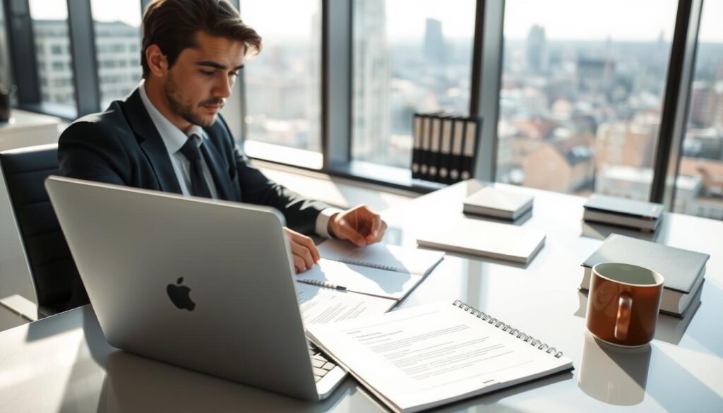 In a well-lit, modern office setting in Germany, a professional individual is seated at a sleek desk, preparing documents for a meeting with a lawyer. In the foreground, a laptop is open displaying a legal document, alongside a notebook filled with notes. The person, dressed in a smart business attire, is focused and thoughtful, perhaps reviewing bullet points for the conversation. In the middle ground, various legal texts and a cup of coffee add to the ambiance of preparation. The background shows a large window with a view of a cityscape, flooded with natural light, creating an atmosphere of professionalism and calm. The overall mood conveys a sense of readiness and determination. In a well-lit, modern office setting in Germany, a professional individual is seated at a sleek desk, preparing documents for a meeting with a lawyer. In the foreground, a laptop is open displaying a legal document, alongside a notebook filled with notes. The person, dressed in a smart business attire, is focused and thoughtful, perhaps reviewing bullet points for the conversation. In the middle ground, various legal texts and a cup of coffee add to the ambiance of preparation. The background shows a large window with a view of a cityscape, flooded with natural light, creating an atmosphere of professionalism and calm. The overall mood conveys a sense of readiness and determination.